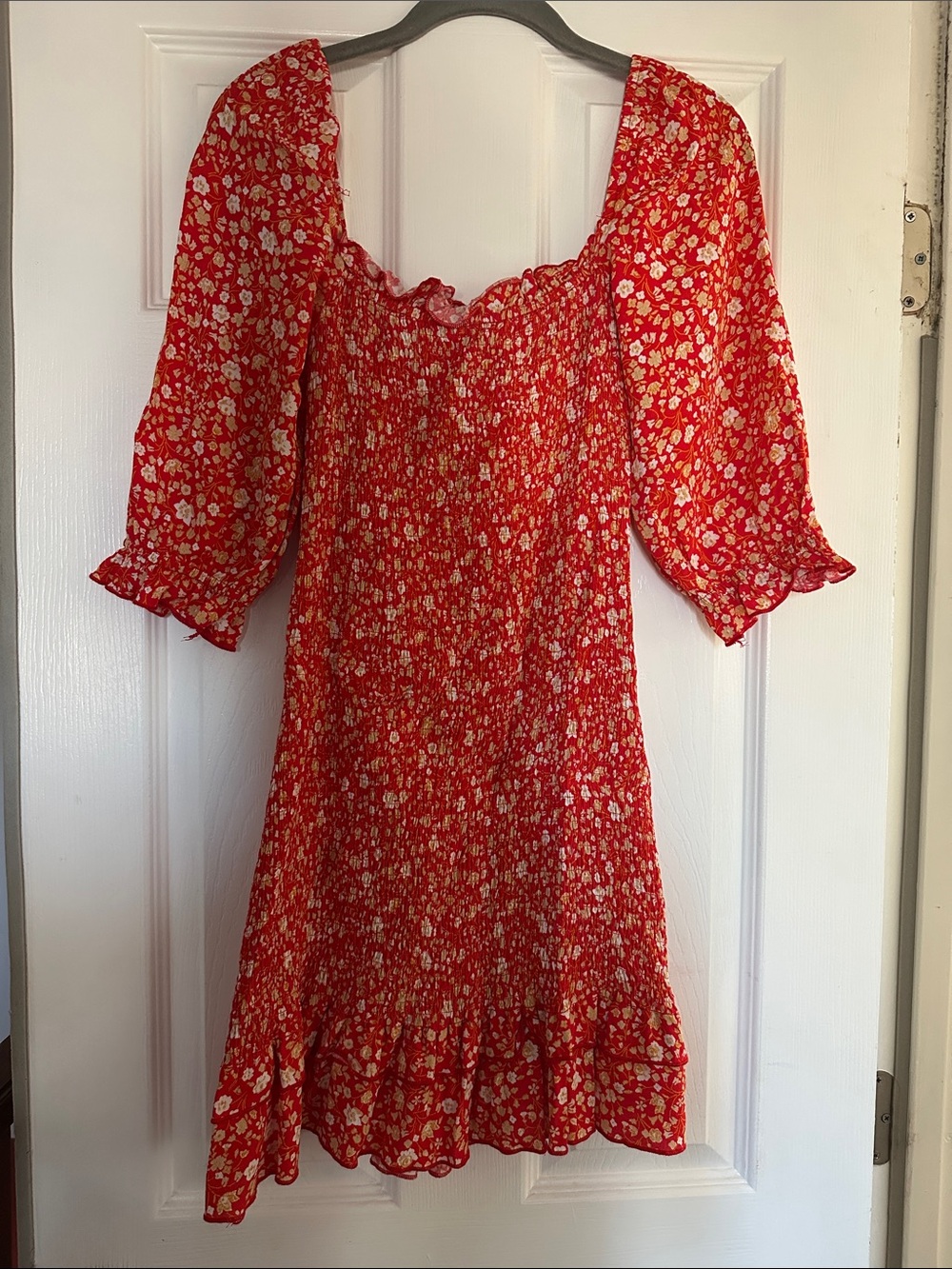 Dress Forum Red Floral Smocked Mini Dress with Puff Sleeves